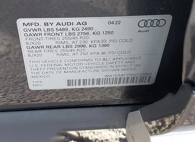 WA1EAAFY5N2104849 2022 2022 Audi Q5- Premium Plus 45 Tfsi S 9