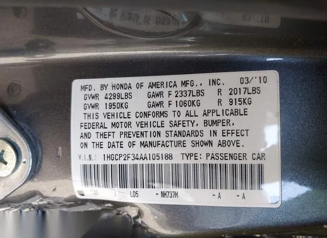 1HGCP2F34AA105188 2010 2010 Honda Accord- 2-4 LX 9