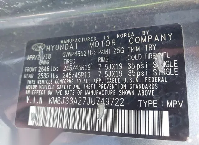 KM8J33A27JU749722 2018 2018 Hyundai Tucson- Value 9