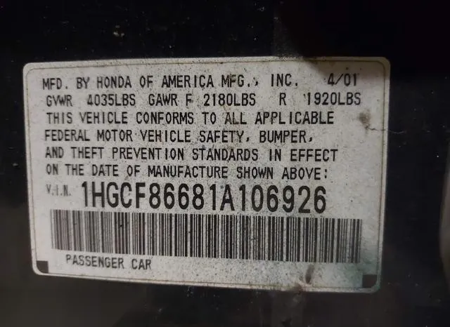 1HGCF86681A106926 2001 2001 Honda Accord- Value Package 9