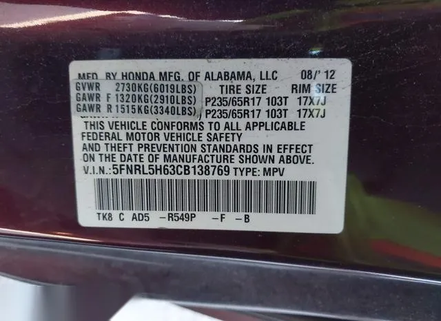 5FNRL5H63CB138769 2012 2012 Honda Odyssey- Ex-L 9