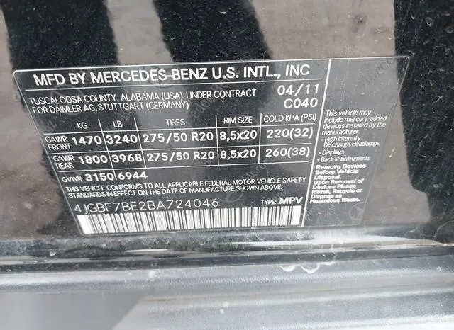 4JGBF7BE2BA724046 2011 2011 Mercedes-Benz GL 450- 4Matic 9