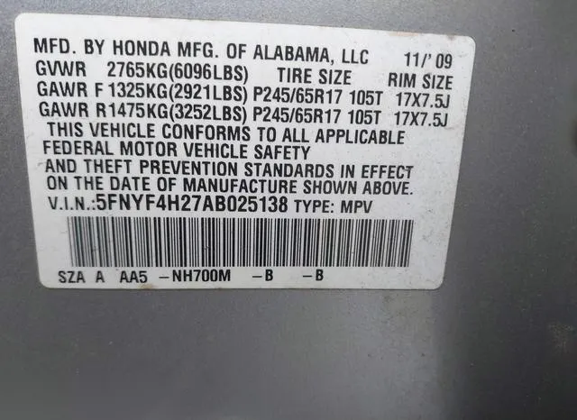 5FNYF4H27AB025138 2010 2010 Honda Pilot- LX 9