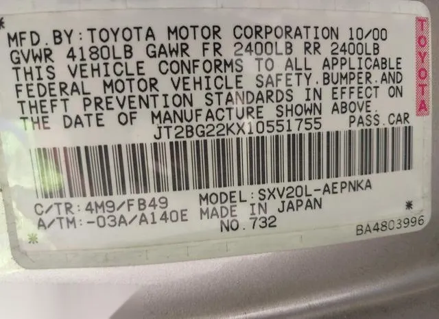 JT2BG22KX10551755 2001 2001 Toyota Camry- LE 9