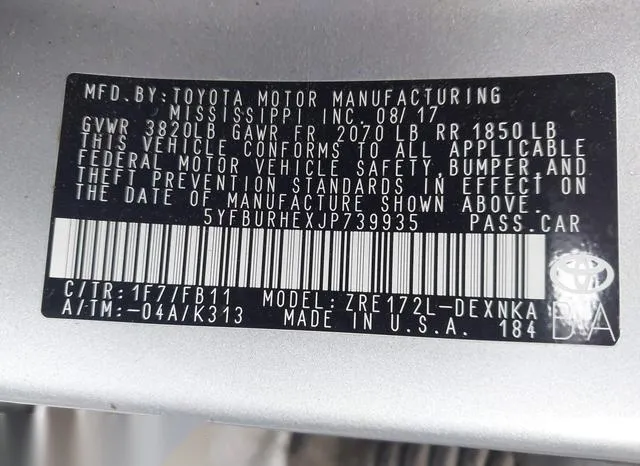 5YFBURHEXJP739935 2018 2018 Toyota Corolla- LE 9