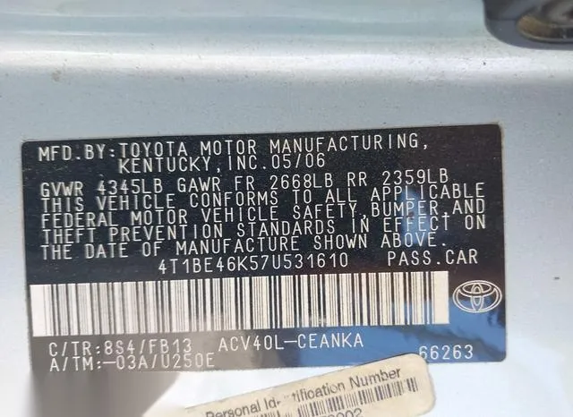 4T1BE46K57U531610 2007 2007 Toyota Camry- LE 9