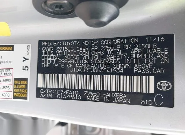 JTDKBRFU0H3541934 2017 2017 Toyota Prius- Two 9