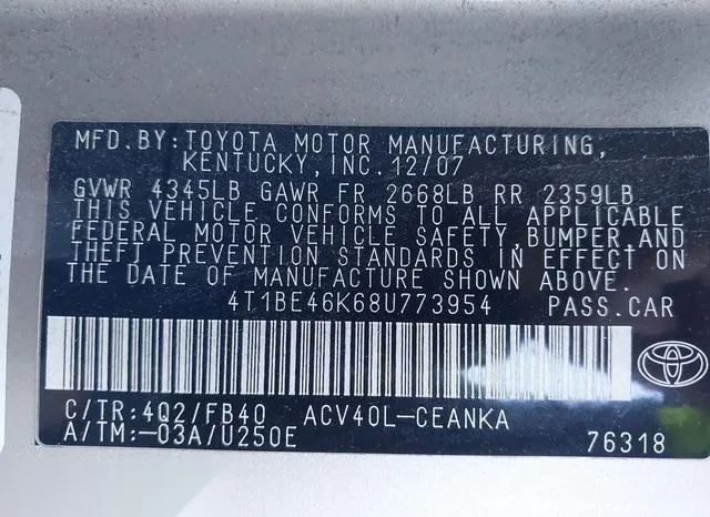 4T1BE46K68U773954 2008 2008 Toyota Camry- LE 9