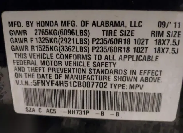 5FNYF4H51CB007702 2012 2012 Honda Pilot- Ex-L 9