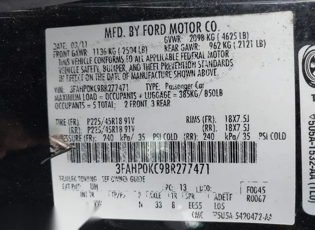 3FAHP0KC9BR277471 2011 2011 Ford Fusion- Sport 9