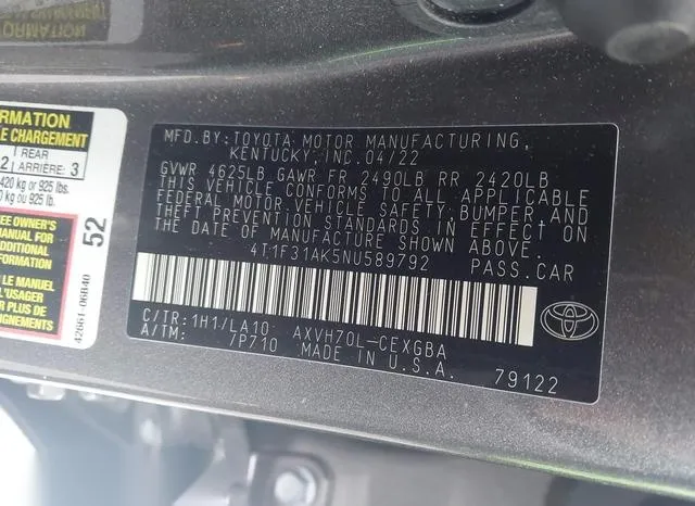 4T1F31AK5NU589792 2022 2022 Toyota Camry- Xle Hybrid 9