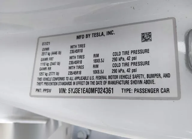 5YJ3E1EA0MF024361 2021 2021 Tesla Model 3- Standard Range P 8