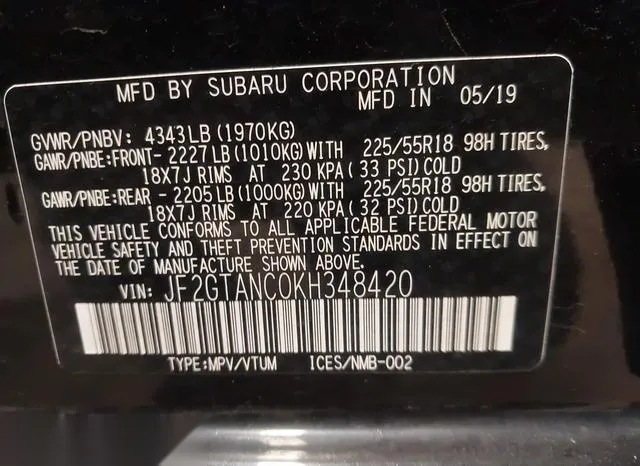 JF2GTANC0KH348420 2019 2019 Subaru Crosstrek- 2-0I Limited 9