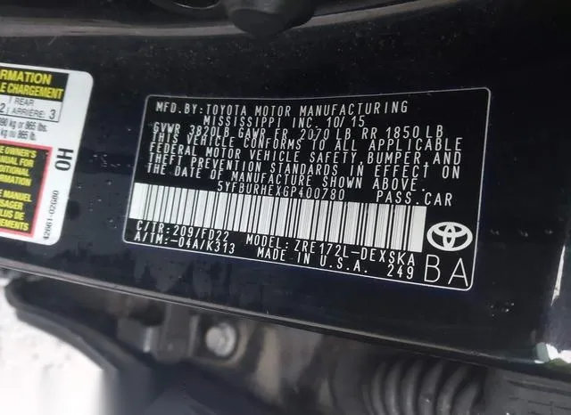 5YFBURHEXGP400780 2016 2016 Toyota Corolla- S Plus 9