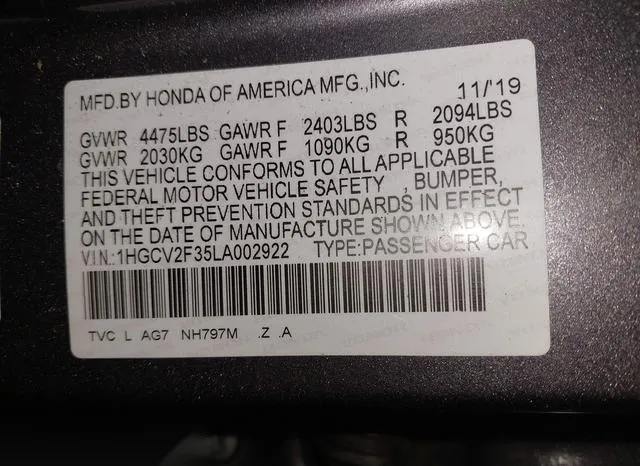 1HGCV2F35LA002922 2020 2020 Honda Accord- Sport 2-0T 9