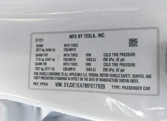 5YJ3E1EA7MF017939 2021 2021 Tesla Model 3- Standard Range P 9