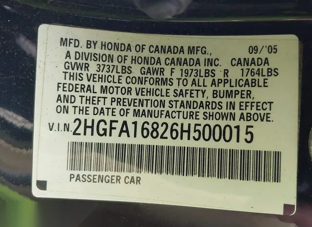 2HGFA16826H500015 2006 2006 Honda Civic- EX 9