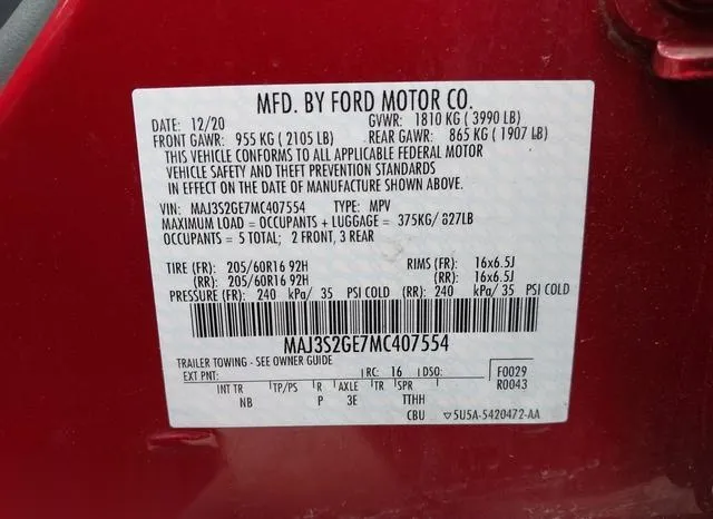 MAJ3S2GE7MC407554 2021 2021 Ford Ecosport- SE 9