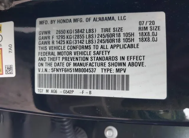 5FNYF6H51MB004537 2021 2021 Honda Pilot- Awd Ex-L 9