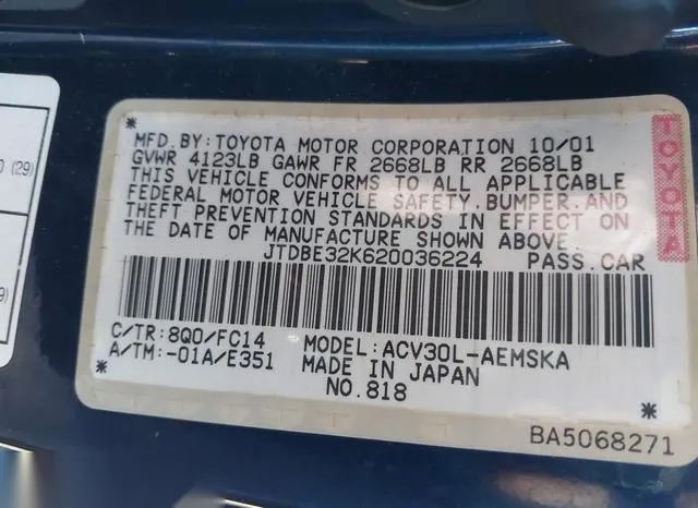 JTDBE32K620036224 2002 2002 Toyota Camry- SE 9