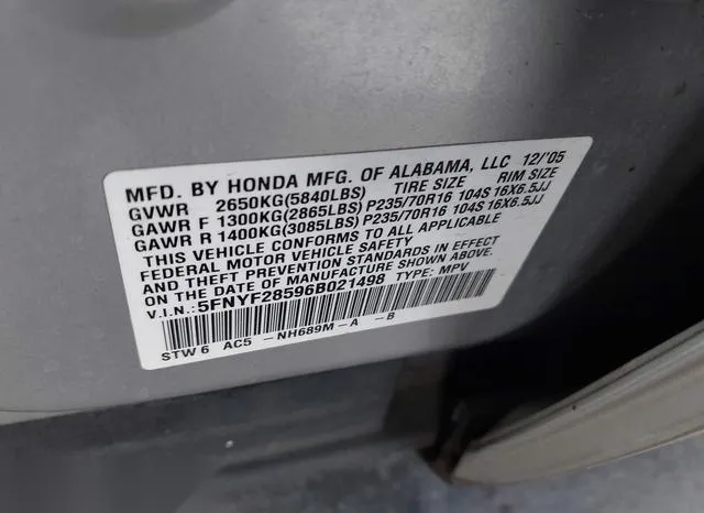 5FNYF28596B021498 2006 2006 Honda Pilot- Ex-L 9