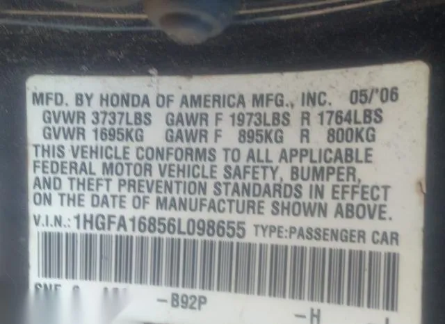 1HGFA16856L098655 2006 2006 Honda Civic- EX 9