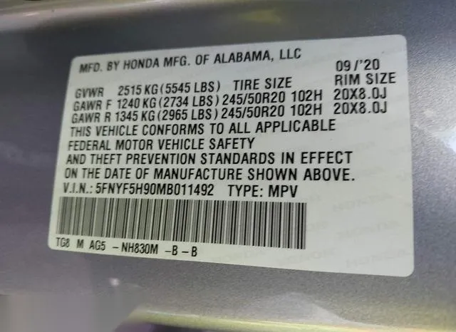 5FNYF5H90MB011492 2021 2021 Honda Pilot- 2Wd Touring 8 Pass 9