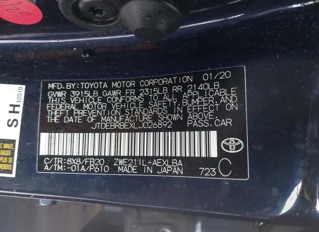 JTDEBRBEXLJ026892 2020 2020 Toyota Corolla- Hybrid Le 9