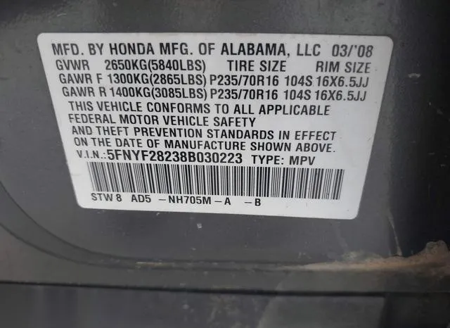 5FNYF28238B030223 2008 2008 Honda Pilot- VP 9