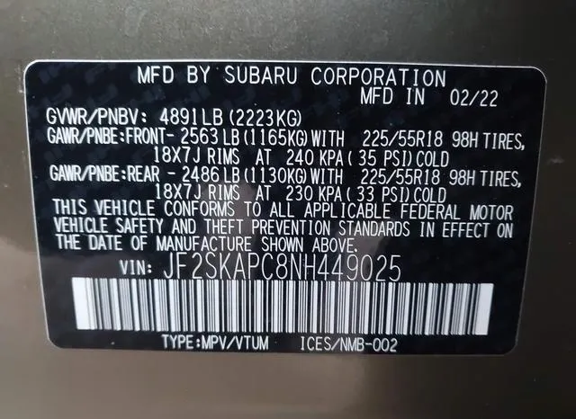 JF2SKAPC8NH449025 2022 2022 Subaru Forester- Limited 9