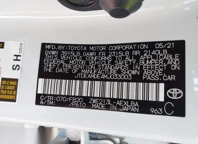 JTDEAMDE4MJ033003 2021 2021 Toyota Corolla- Hybrid Le 9