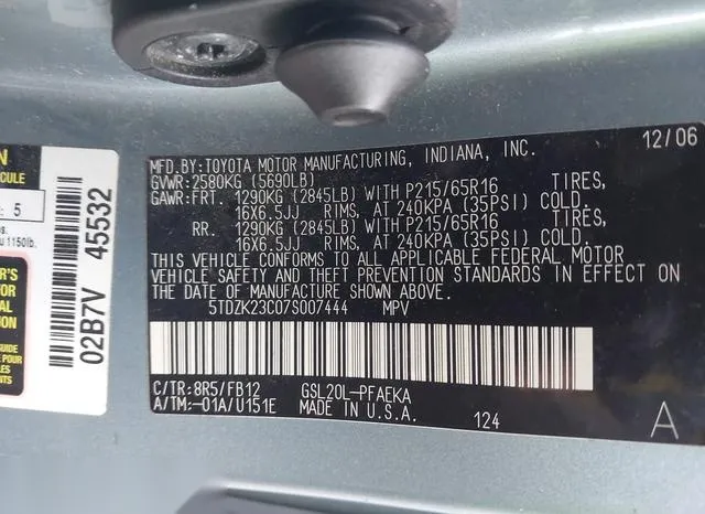 5TDZK23C07S007444 2007 2007 Toyota Sienna- CE 9