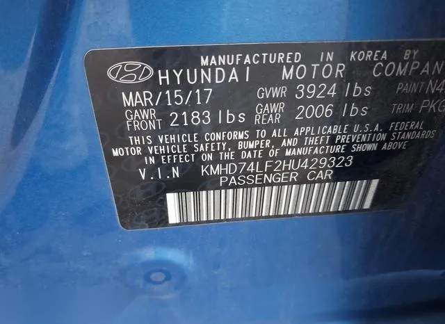 KMHD74LF2HU429323 2017 2017 Hyundai Elantra- SE 9