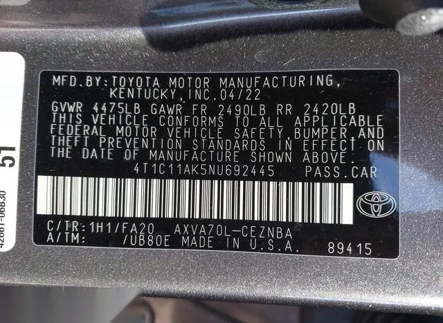 4T1C11AK5NU692445 2022 2022 Toyota Camry- LE 9