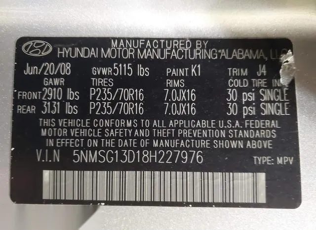 5NMSG13D18H227976 2008 2008 Hyundai Santa Fe- Gls 9