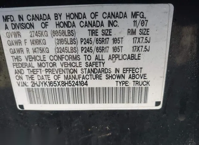 2HJYK165X8H524104 2008 2008 Honda Ridgeline- Rtl 9