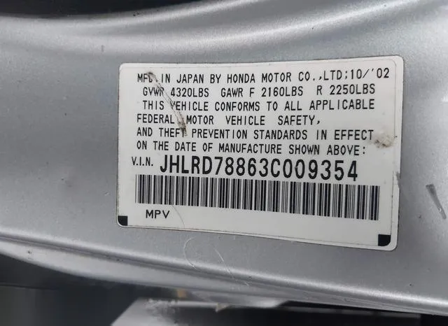 JHLRD78863C009354 2003 2003 Honda CR-V- EX 9