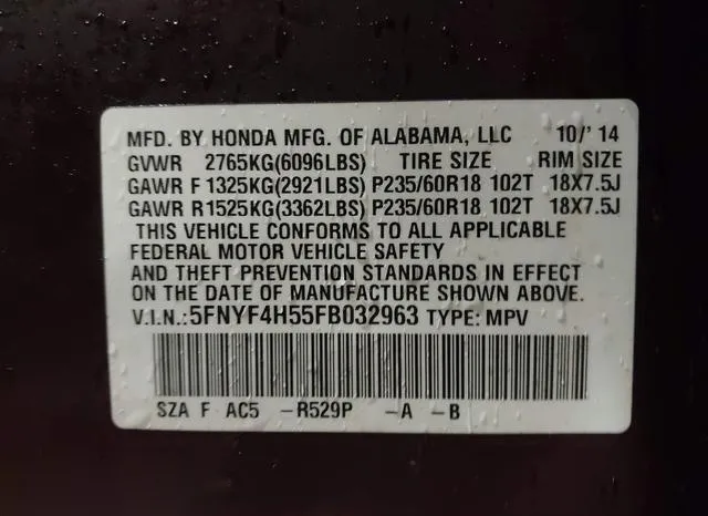 5FNYF4H55FB032963 2015 2015 Honda Pilot- Ex-L 9