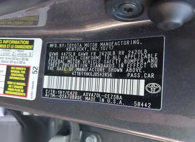 4T1B11HK6JU542856 2018 2018 Toyota Camry- SE 9