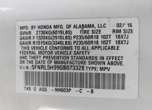 5FNRL5H99GB073328 2016 2016 Honda Odyssey- Touring/Touring 9