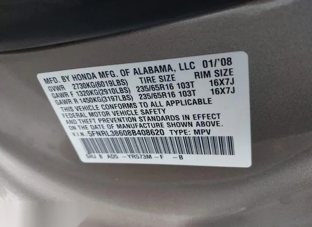 5FNRL38608B408620 2008 2008 Honda Odyssey- Ex-L 9