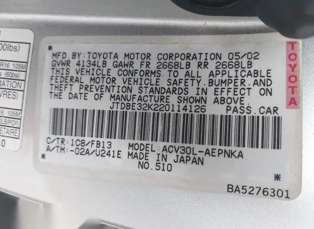 JTDBE32K220114126 2002 2002 Toyota Camry- LE 9