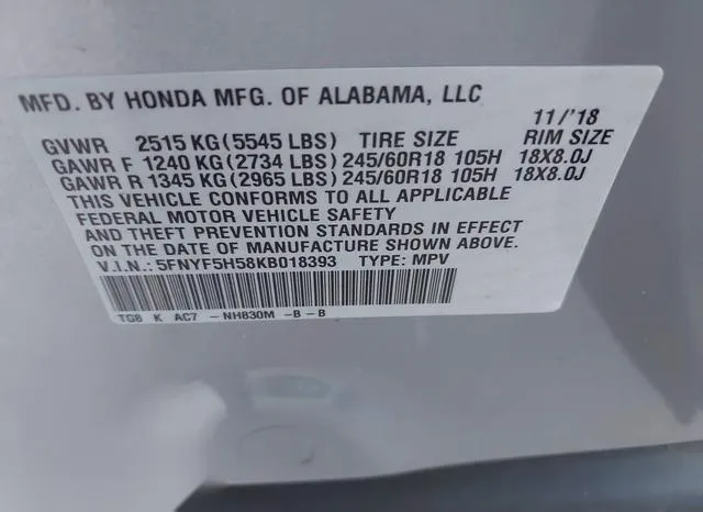 5FNYF5H58KB018393 2019 2019 Honda Pilot- Ex-L 9