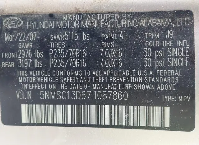 5NMSG13D67H087860 2007 2007 Hyundai Santa Fe- Gls 9