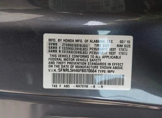 5FNRL5H46FB070664 2015 2015 Honda Odyssey- EX 9