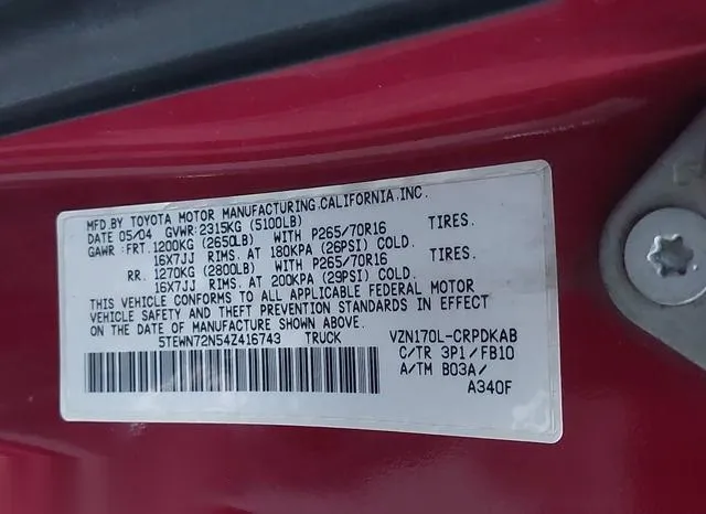 5TEWN72N54Z416743 2004 2004 Toyota Tacoma- Base V6 9