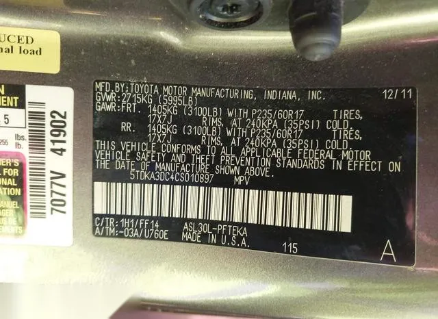 5TDKA3DC4CS010897 2012 2012 Toyota Sienna- Base 7 Passenger 9