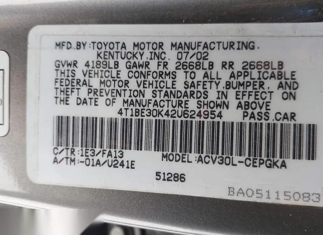 4T1BE30K42U624954 2002 2002 Toyota Camry- Xle 9