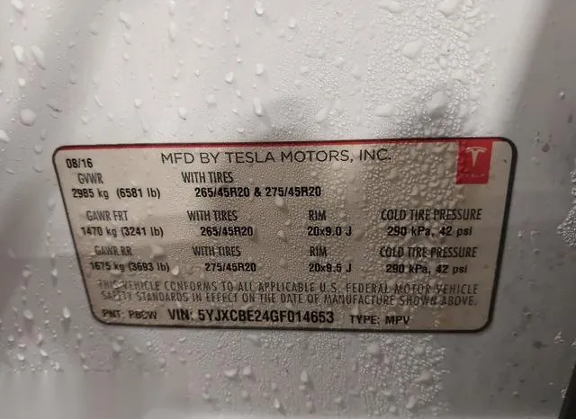 5YJXCBE24GF014653 2016 2016 Tesla Model X- 60D/70D/75D/90D/ 9