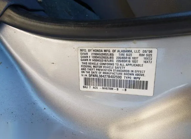 5FNRL38427B402590 2007 2007 Honda Odyssey- EX 9